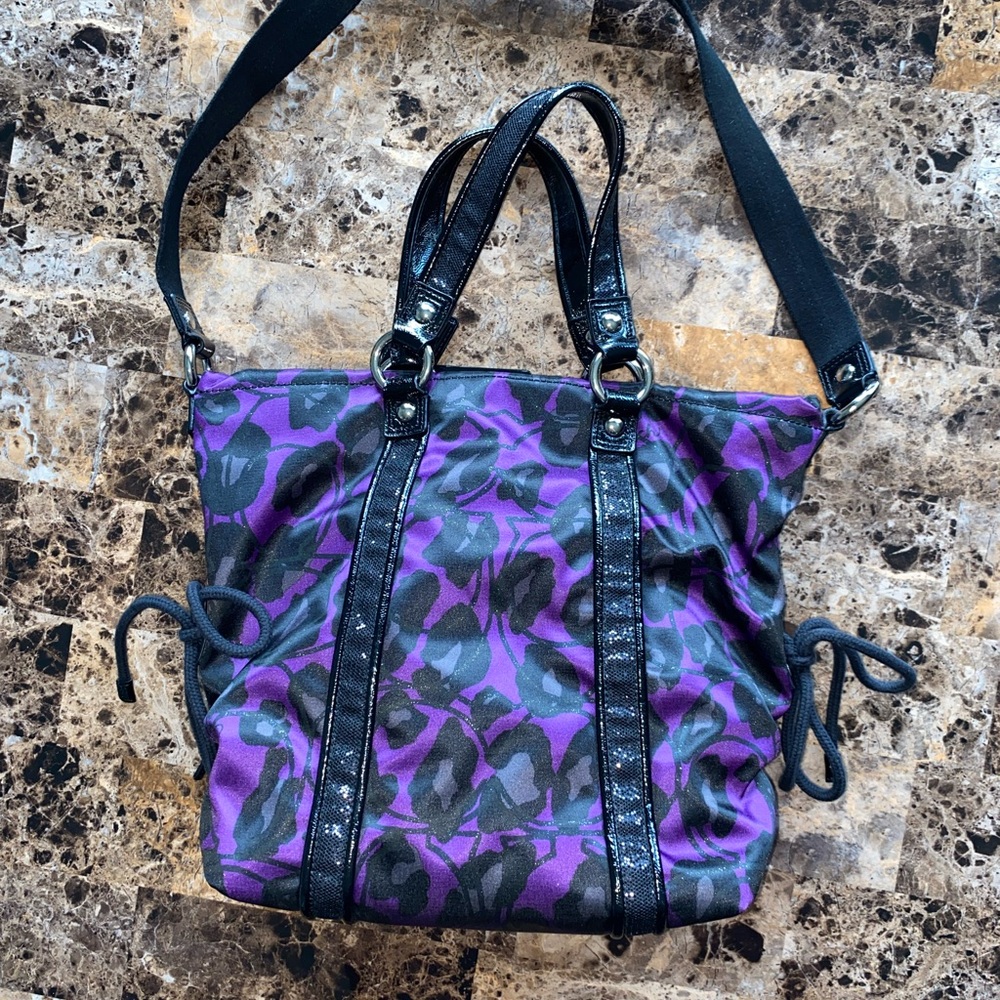 Coach Purple Camo Nylon Tote with Black Leather Trim - Picture 5 of 10